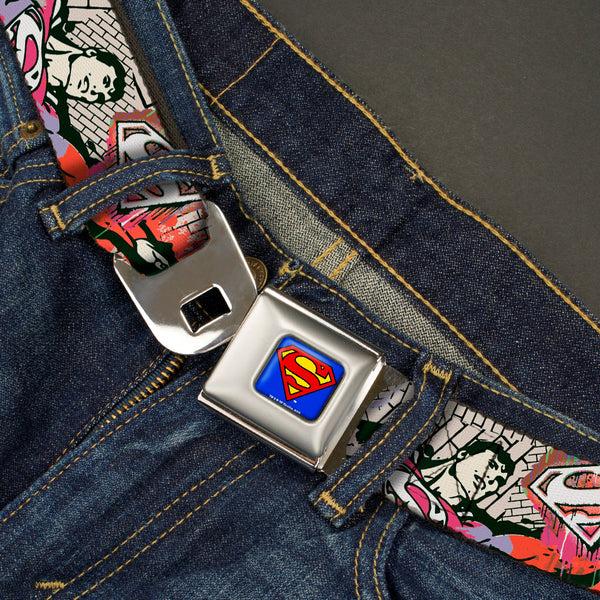 Buckle Down Superman Full Color Blue Seatbelt Belt - Superman Color Flying Bricks Scene Webbing