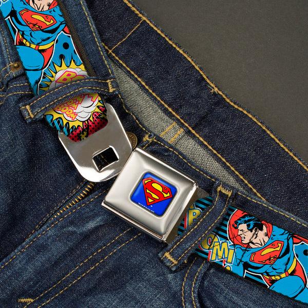 Buckle Down Superman Full Color Blue Seatbelt Belt - Superman Logo/Poses/Action Bubbles Pop Collage Blue/Black Webbing