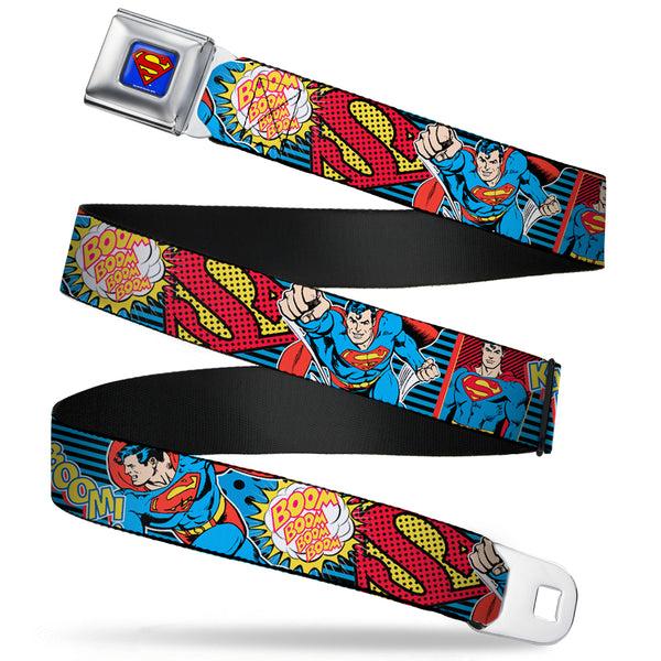 buckle down Superman Full Color Blue Seatbelt Belt - Superman Logo/Poses/Action Bubbles Pop Collage Blue/Black Webbing