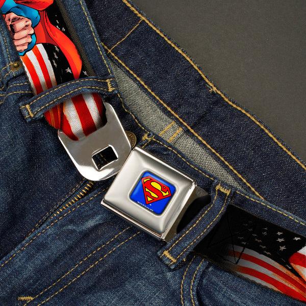 Buckle Down Superman Full Color Blue Seatbelt Belt - Superman Poses/American Flag Webbing