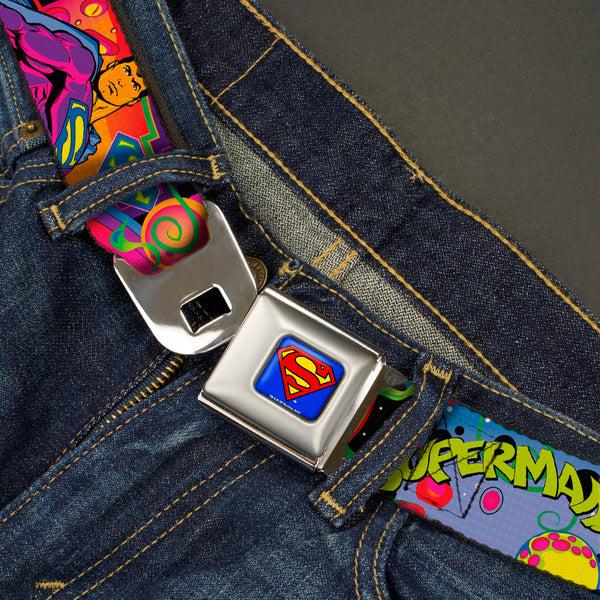 Buckle Down Superman Full Color Blue Seatbelt Belt - SUPERMAN Poses/Battling Mongul Black/Multi Neon Webbing