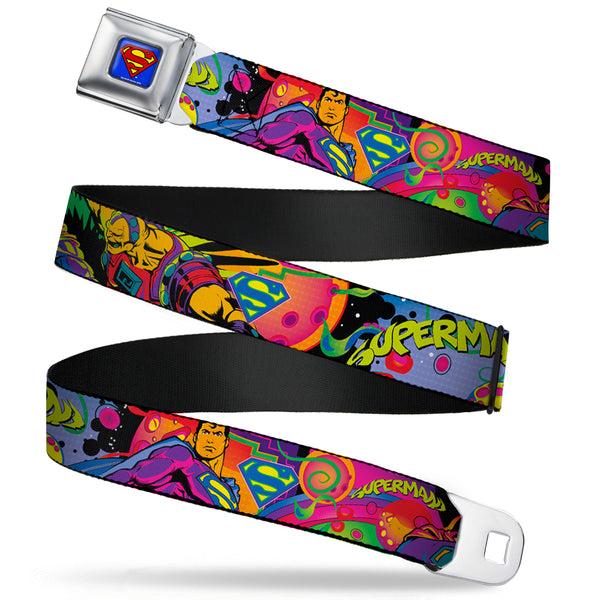 buckle down Superman Full Color Blue Seatbelt Belt - SUPERMAN Poses/Battling Mongul Black/Multi Neon Webbing