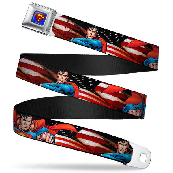 buckle down Superman Full Color Blue Seatbelt Belt - Superman Poses/American Flag Webbing