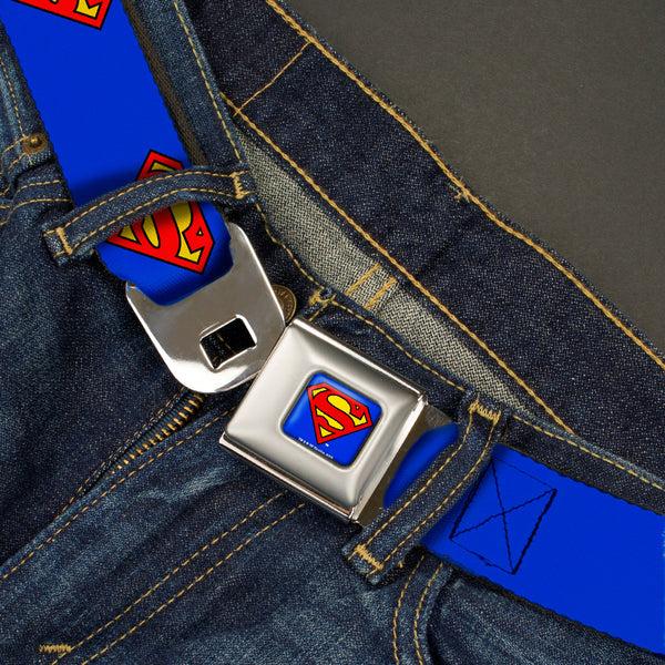 Buckle Down Superman Full Color Blue Seatbelt Belt - Superman Shield Blue Webbing