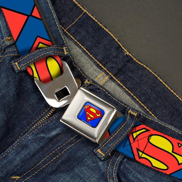 Buckle Down Superman Full Color Blue Seatbelt Belt - Superman Shield CLOSE-UP Blue/Red/Yellow Webbing