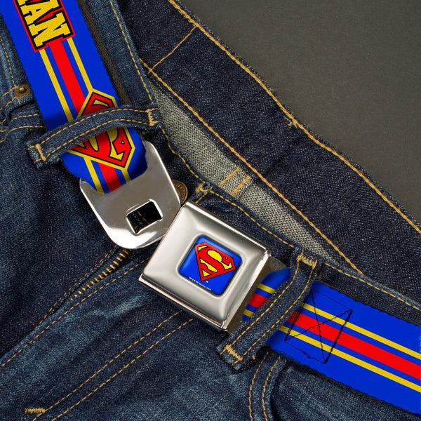 Buckle Down Superman Full Color Blue Seatbelt Belt - SUPERMAN/Shield Stripe Blue/Yellow/Red Webbing