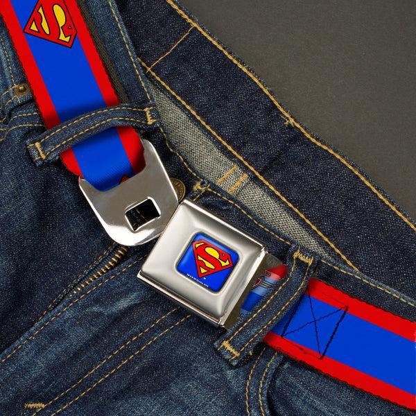 Buckle Down Superman Full Color Blue Seatbelt Belt - Superman Shield/Stripe Red/Blue Webbing