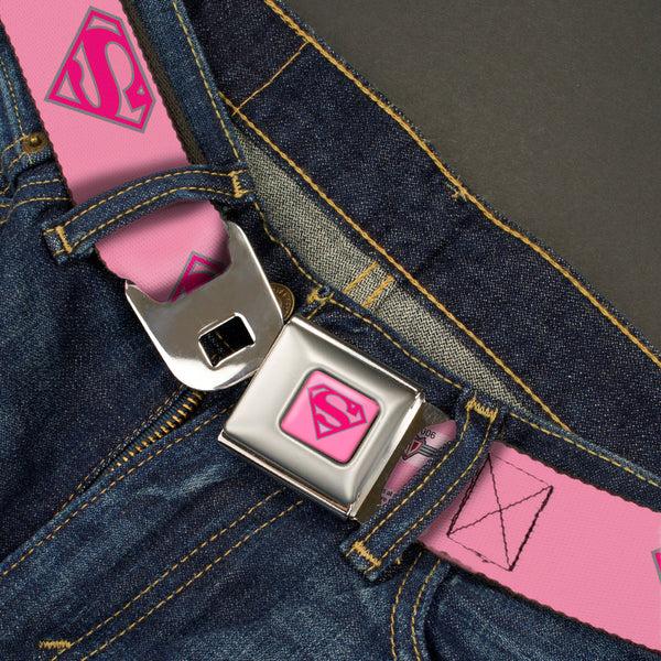 Buckle Down Superman Full Color Pink Seatbelt Belt - Superman Shield Pink Webbing