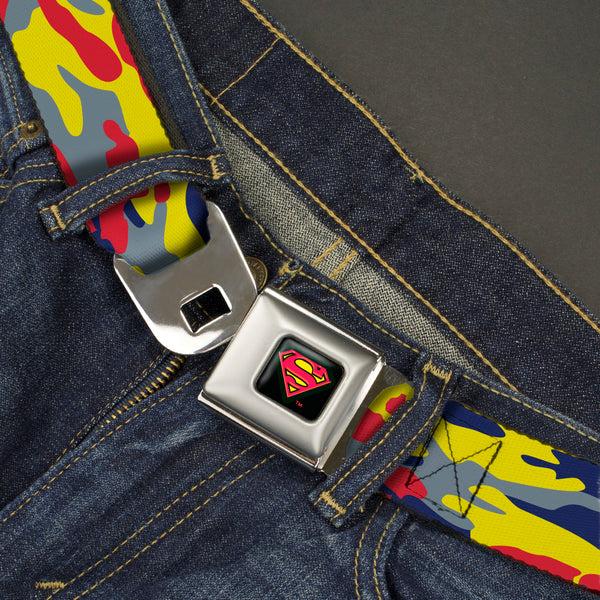 Buckle Down Superman Shadow Shield Full Color Black/Red/Yellow Seatbelt Belt - Superman Camo Yellow/Red/Blue/Gray Webbing