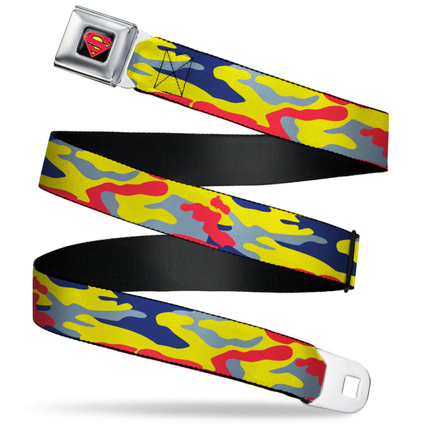 buckle down Superman Shadow Shield Full Color Black/Red/Yellow Seatbelt Belt - Superman Camo Yellow/Red/Blue/Gray Webbing