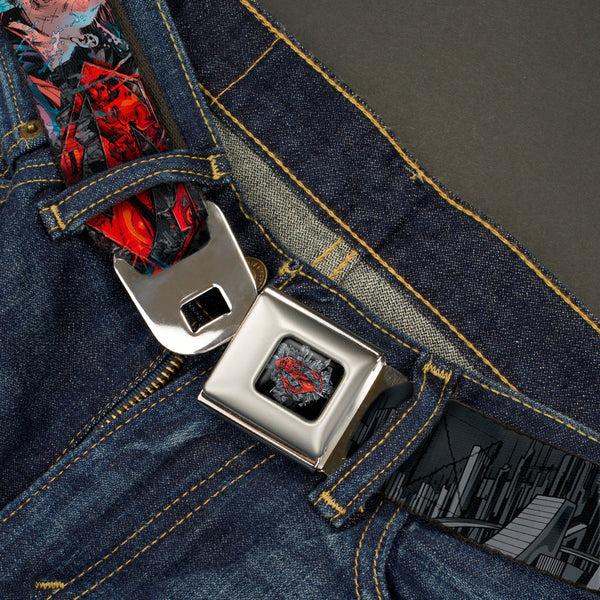 Buckle Down Superman Shield Comics Scenes Stacked Full Color Black Grays Red Seatbelt Belt - New 52 SUPERMAN Poses/Shield/Comic Scenes Stacked Webbing