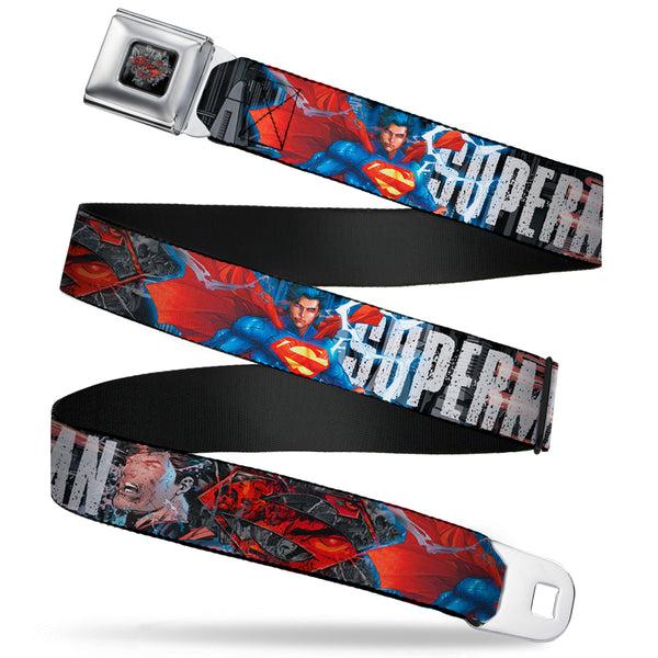 buckle down Superman Shield Comics Scenes Stacked Full Color Black Grays Red Seatbelt Belt - New 52 SUPERMAN Poses/Shield/Comic Scenes Stacked Webbing