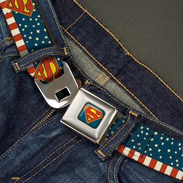 Buckle Down Superman Shield Full Color Americana Blue Seatbelt Belt - Superman Shield Americana Red/White/Blue/Yellow Webbing