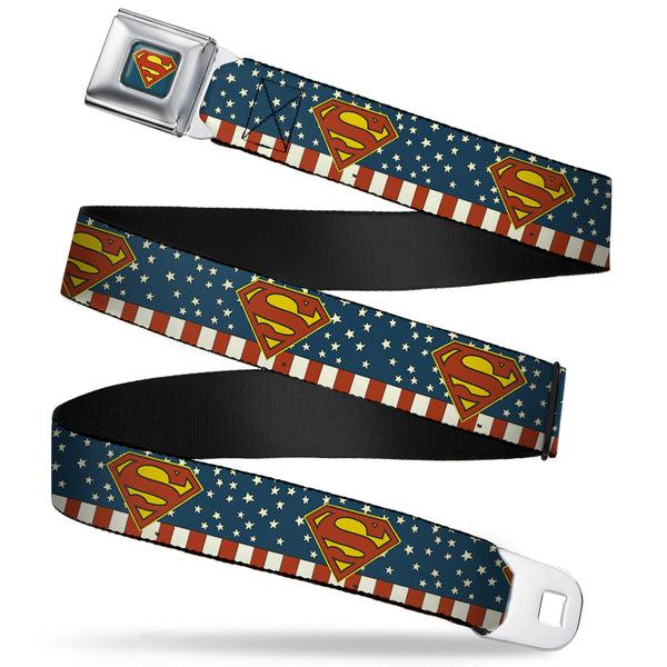 buckle down Superman Shield Full Color Americana Blue Seatbelt Belt - Superman Shield Americana Red/White/Blue/Yellow Webbing