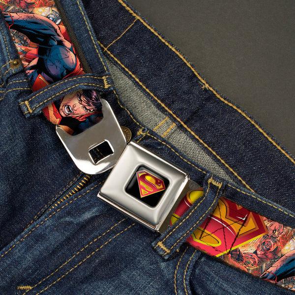 Buckle Down Superman Shield Full Color Black Golds Reds White Seatbelt Belt - Superman Unchained Explosion Action Pose/Wraith/Shield Golds/Reds Webbing