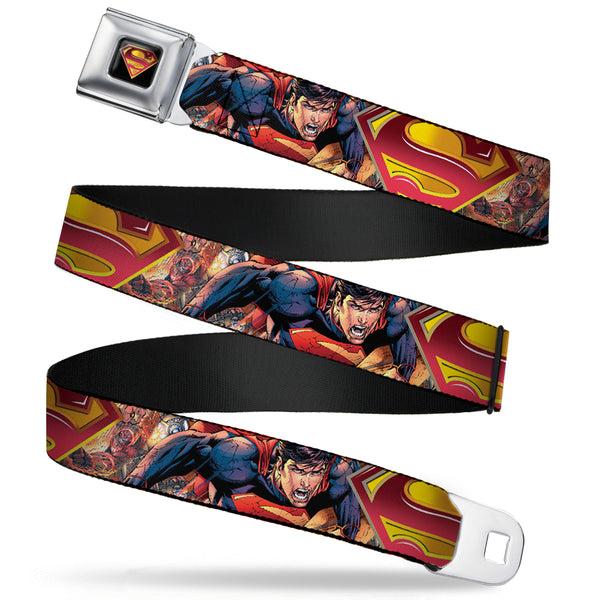 buckle down Superman Shield Full Color Black Golds Reds White Seatbelt Belt - Superman Unchained Explosion Action Pose/Wraith/Shield Golds/Reds Webbing
