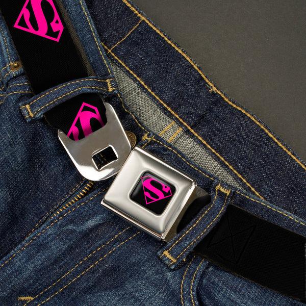 Buckle Down Superman Shield Full Color Black Hot Pink Seatbelt Belt - Superman Shield Black/Hot Pink Webbing