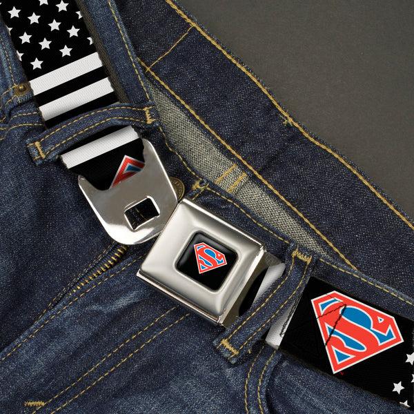 Buckle Down Superman Shield Full Color Black/White/Red/Blue Seatbelt Belt - Superman Shield Americana Stars And Stripes Black/White/Red/Blue Webbing