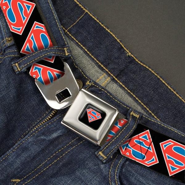 Buckle Down Superman Shield Full Color Black/White/Red/Blue Seatbelt Belt - Superman Shield Flip Americana Black/White/Red/Blue Webbing