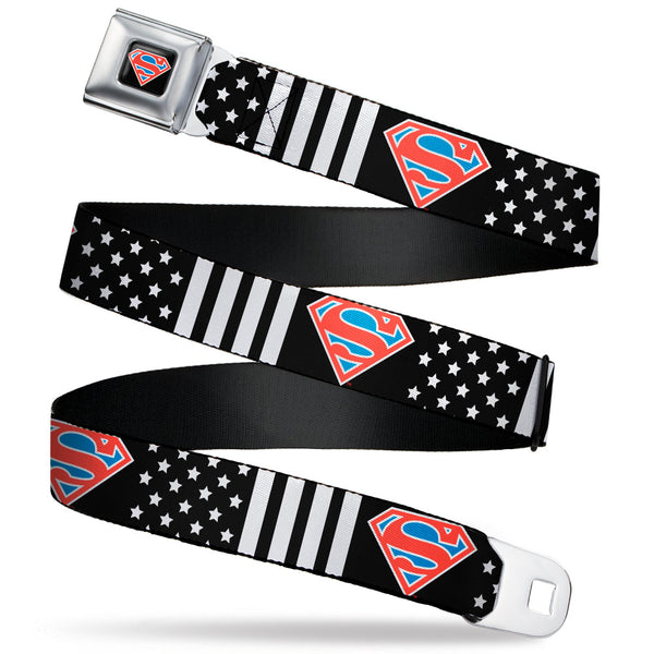 buckle down Superman Shield Full Color Black/White/Red/Blue Seatbelt Belt - Superman Shield Americana Stars and Stripes Black/White/Red/Blue Webbing