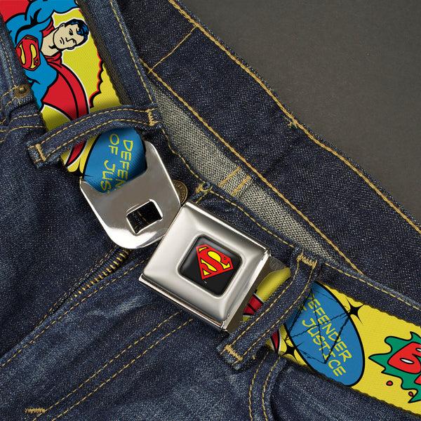 Buckle Down Superman Shield Logo Full Color Black Seatbelt Belt - SUPERMAN Pose Quotes And Icons Collage Yellow/Multi Color Webbing