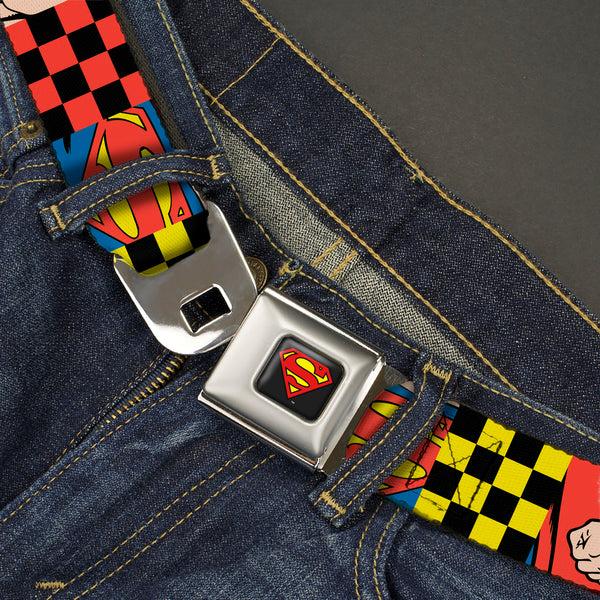 Buckle Down Superman Shield Logo Full Color Black Seatbelt Belt - Superman Character Close-Up And Checker Blocks Multi Color Webbing