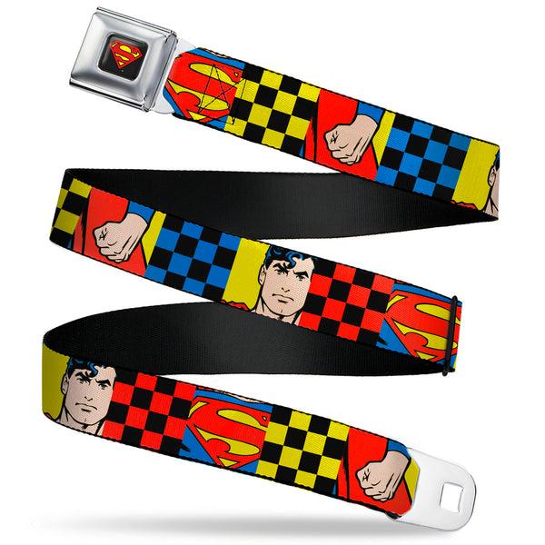buckle down Superman Shield Logo Full Color Black Seatbelt Belt - Superman Character Close-Up and Checker Blocks Multi Color Webbing