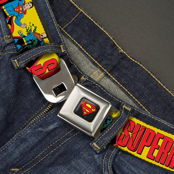 Buckle Down Superman Shield Logo Full Color Black Seatbelt Belt - SUPERMAN Action Poses And Text Yellow/Red Webbing