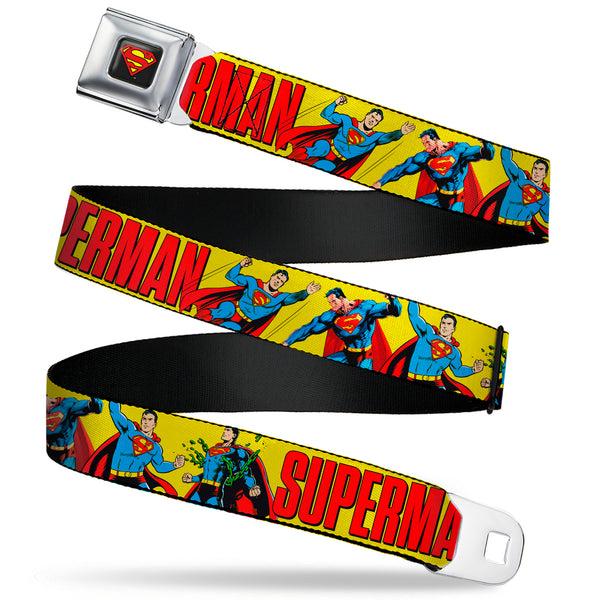 buckle down Superman Shield Logo Full Color Black Seatbelt Belt - SUPERMAN Action Poses and Text Yellow/Red Webbing
