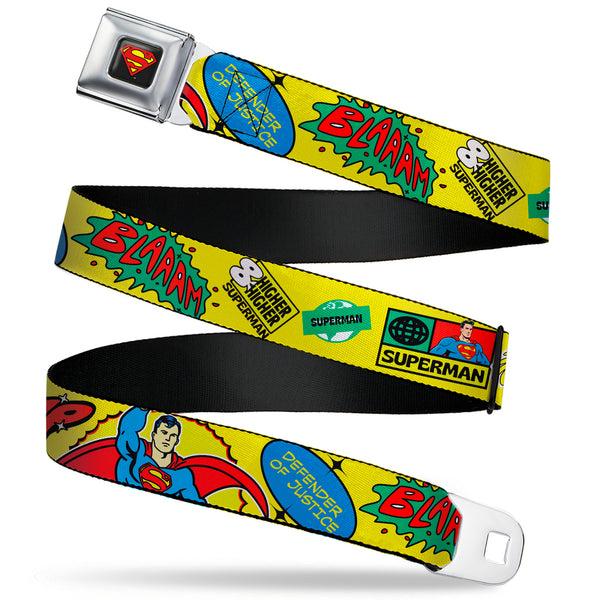 buckle down Superman Shield Logo Full Color Black Seatbelt Belt - SUPERMAN Pose Quotes and Icons Collage Yellow/Multi Color Webbing