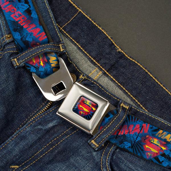 Buckle Down Superman Shield Rays Full Color Black Blue Red Yellow Seatbelt Belt - SUPERMAN MAN OF STEEL Shield Collage/Rays Black/Blues/Reds/Yellows Webbing