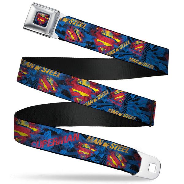 buckle down Superman Shield Rays Full Color Black Blue Red Yellow Seatbelt Belt - SUPERMAN MAN OF STEEL Shield Collage/Rays Black/Blues/Reds/Yellows Webbing