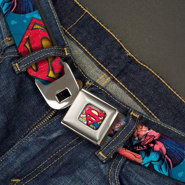 Buckle Down Superman Shield Weathered Full Color Blue Red Yellow Seatbelt Belt - Superman Unchained Under Sea Pose/Shield Blues/Gray/Red/Yellow Webbing