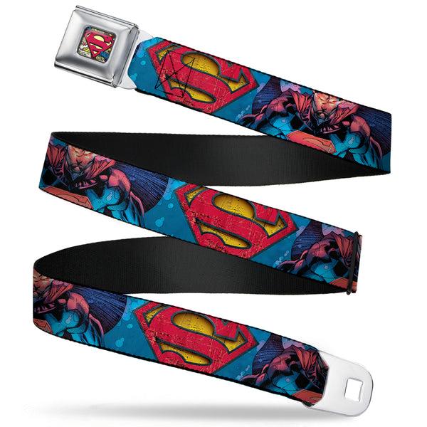 buckle down Superman Shield Weathered Full Color Blue Red Yellow Seatbelt Belt - Superman Unchained Under Sea Pose/Shield Blues/Gray/Red/Yellow Webbing