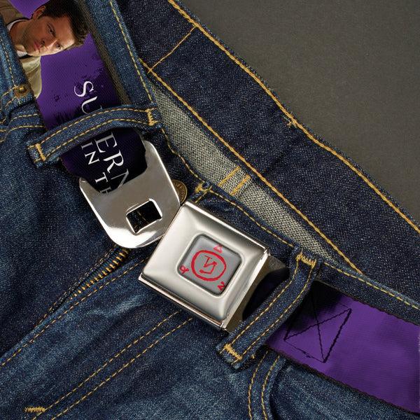 Buckle Down Supernatural Angel Banishing Symbol Full Color White Red Seatbelt Belt - SUPERNATURAL-PROTECTED BY CASTIEL/Pose Black/Purple/White Webbing