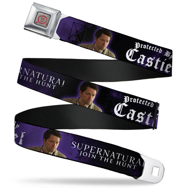 buckle down Supernatural Angel Banishing Symbol Full Color White Red Seatbelt Belt - SUPERNATURAL-PROTECTED BY CASTIEL/Pose Black/Purple/White Webbing