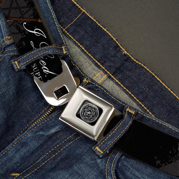 Buckle Down Supernatural Devil's Trap Symbol Full Color Black White Seatbelt Belt - Crowley Pose I LIED- I DO THAT/Pentagram Black/Grays/White Webbing
