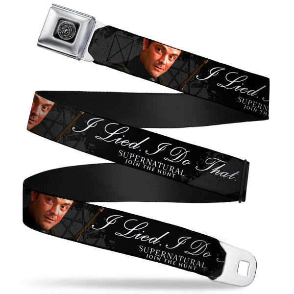 buckle down Supernatural Devil's Trap Symbol Full Color Black White Seatbelt Belt - Crowley Pose I LIED- I DO THAT/Pentagram Black/Grays/White Webbing