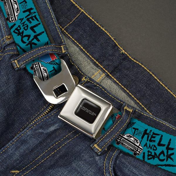 Buckle Down SUPERNATURAL-JOIN THE HUNT Full Color Black/White Seatbelt Belt - Supernatural Baby Car TO HELL AND BACK Collage Blue/Black Webbing