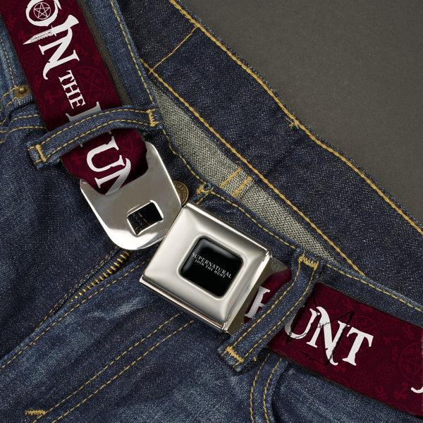 Buckle Down SUPERNATURAL-JOIN THE HUNT Full Color Black/White Seatbelt Belt - Supernatural JOIN THE HUNT/Symbols Scattered Reds/White Webbing