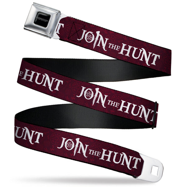 buckle down SUPERNATURAL-JOIN THE HUNT Full Color Black/White Seatbelt Belt - Supernatural JOIN THE HUNT/Symbols Scattered Reds/White Webbing