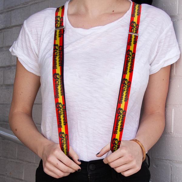 Buckle Down Suspenders - 1.0" - CHEECH & CHONG Text Logo Stripe Red Yellow Black