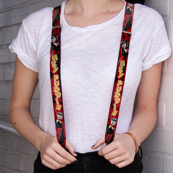 Buckle Down Suspenders - 1.0" - Harley Quinn 2-Poses Diamonds HEY PUDDIN Red Black Orange