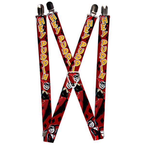 buckle down Suspenders - 1.0" - Harley Quinn 2-Poses Diamonds HEY PUDDIN Red Black Orange