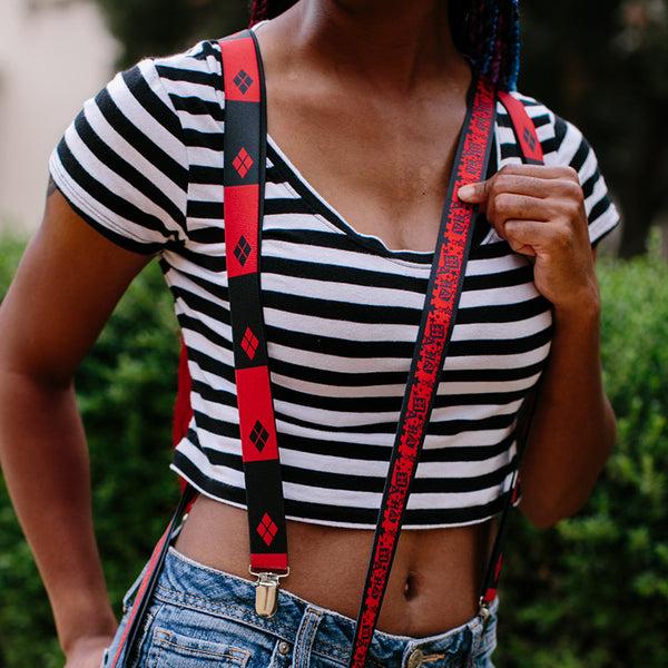 Buckle Down Suspenders - 1.0" - Harley Quinn Diamond Blocks2 Red Black Black Red