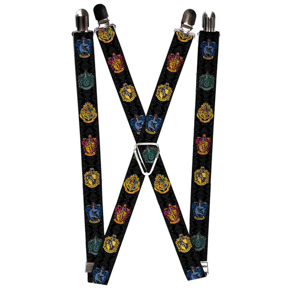 buckle down Suspenders - 1.0" - Hogwarts & 4-House Crests Filigree Black Gray