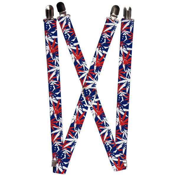 buckle down Suspenders - 1.0" - Marijuana Leaves Stacked2 Blue/White/Red