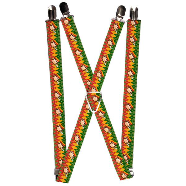 buckle down Suspenders - 1.0" - Smoking Monkey Repeat Argyle Rasta