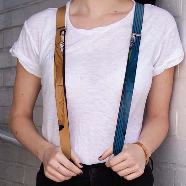 Buckle Down Suspenders - 1.0" - Split Poses Harvey Dent Brown + Two-Face Pinstripe Blue Black