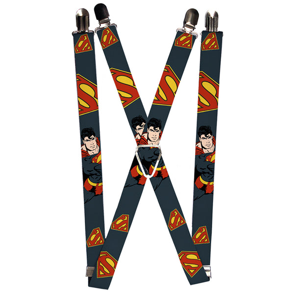 buckle down Suspenders - 1.0" - Superman Action Pose Scattered Shield Navy Gold Red